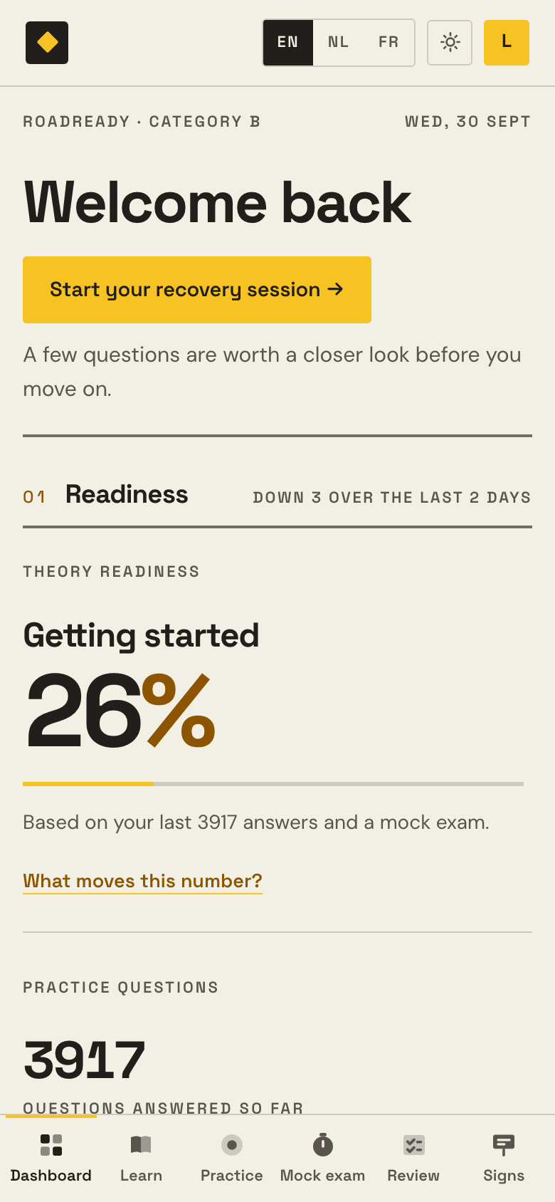 The Examula dashboard: the readiness band and figure, and what to work on next