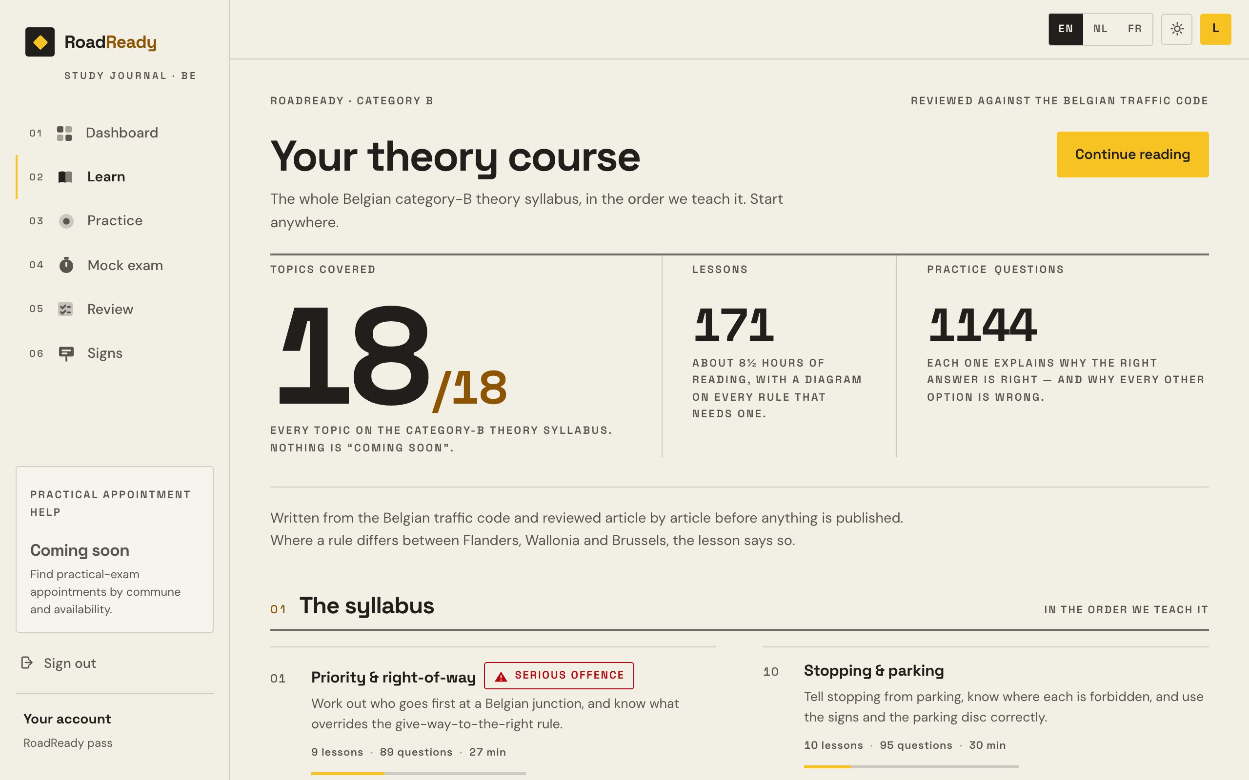 The Learn map in Examula: every topic with its lessons and its question count