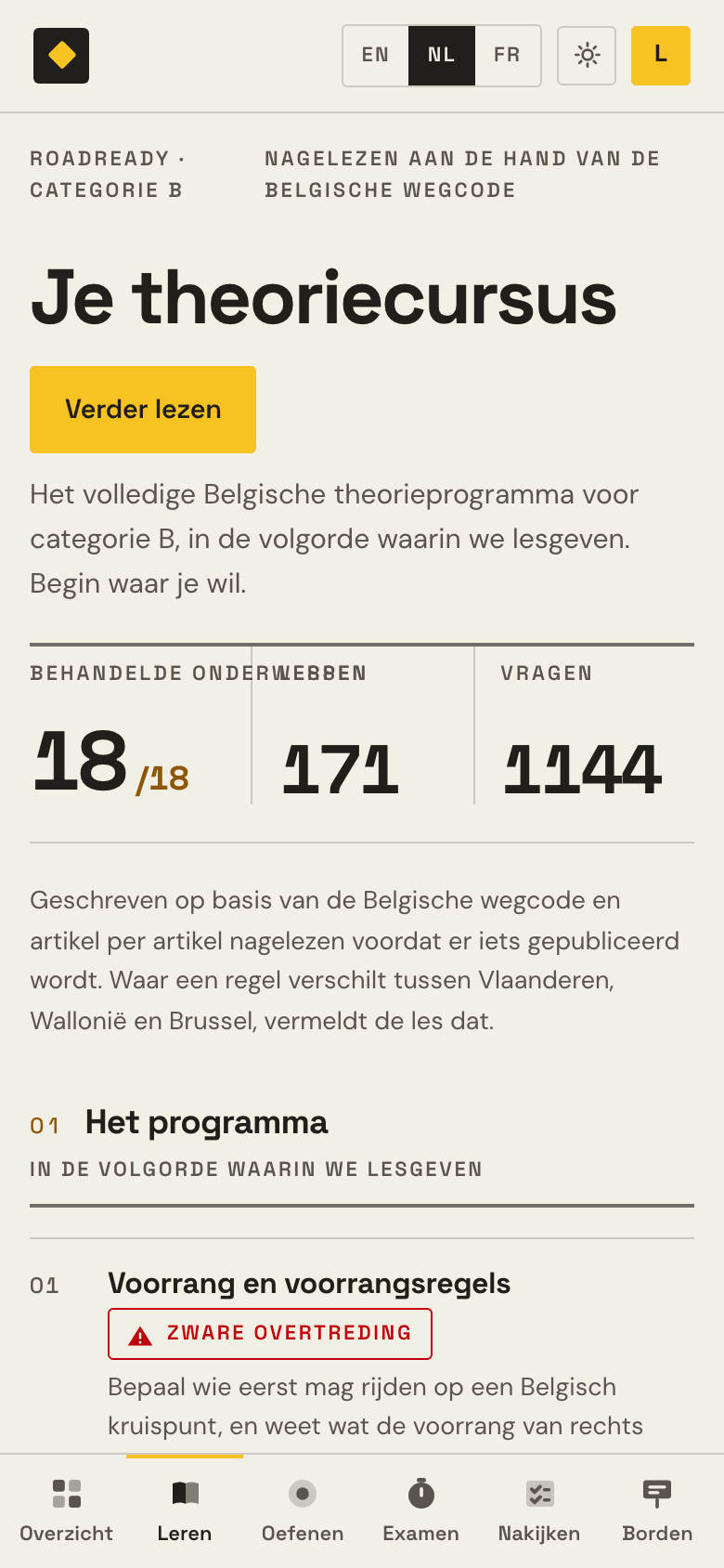 De leerkaart in Examula: elk thema met zijn lessen en zijn aantal vragen